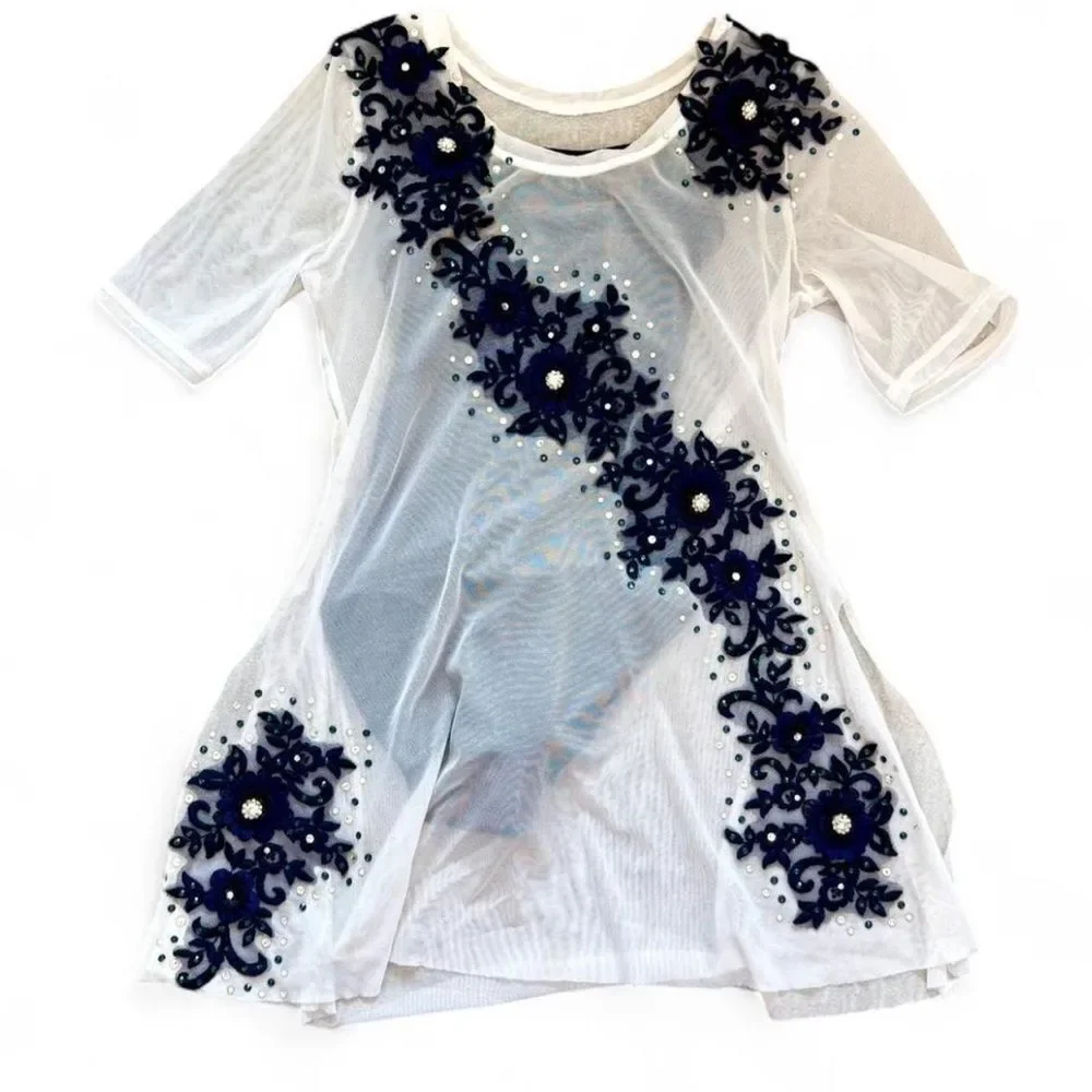 Custom solo dance costume white embellished mesh tunic stoned Overdress XSA adul